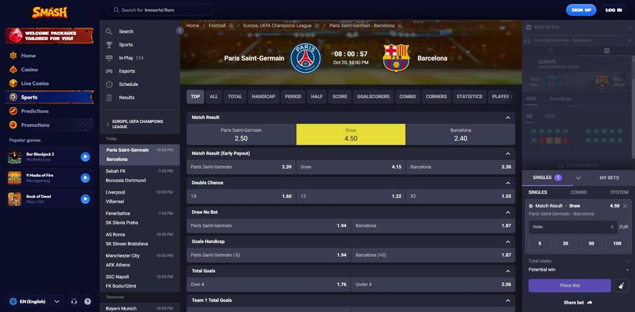 Smash bet slip with Singles, Combo and System tabs, a Match Result Draw selection at 4.50, quick stakes 5, 20, 50, 100, Place Bet and Share bet