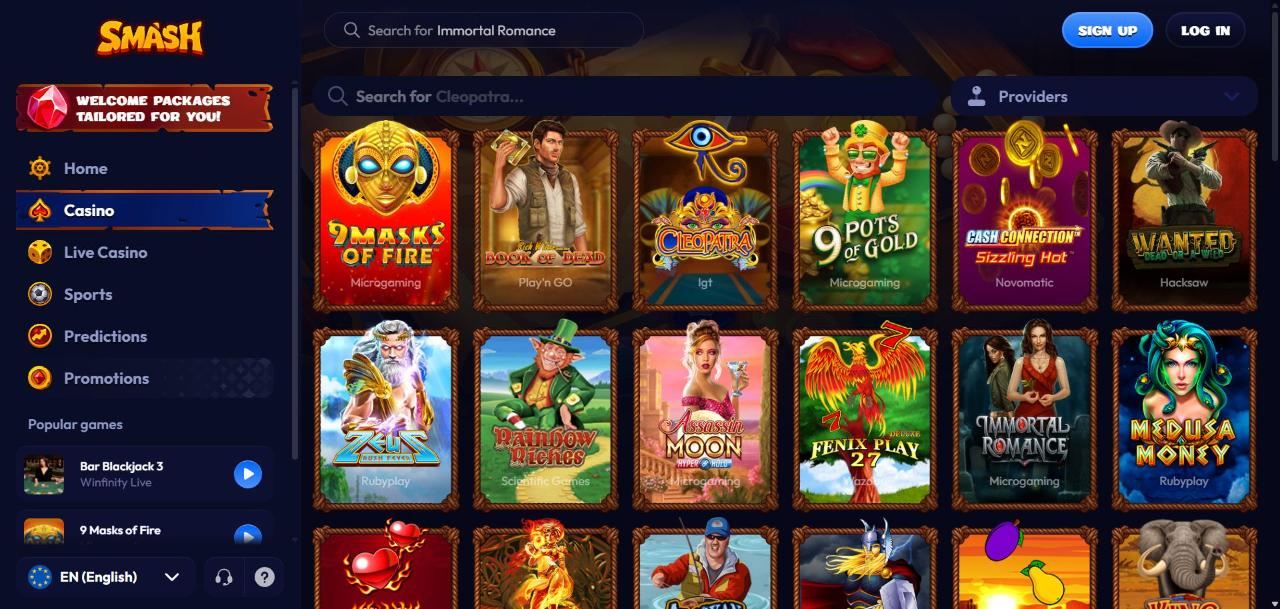 Smash Casino slot lobby with a provider filter and slots such as 9 Masks of Fire, Book of Dead and Cleopatra