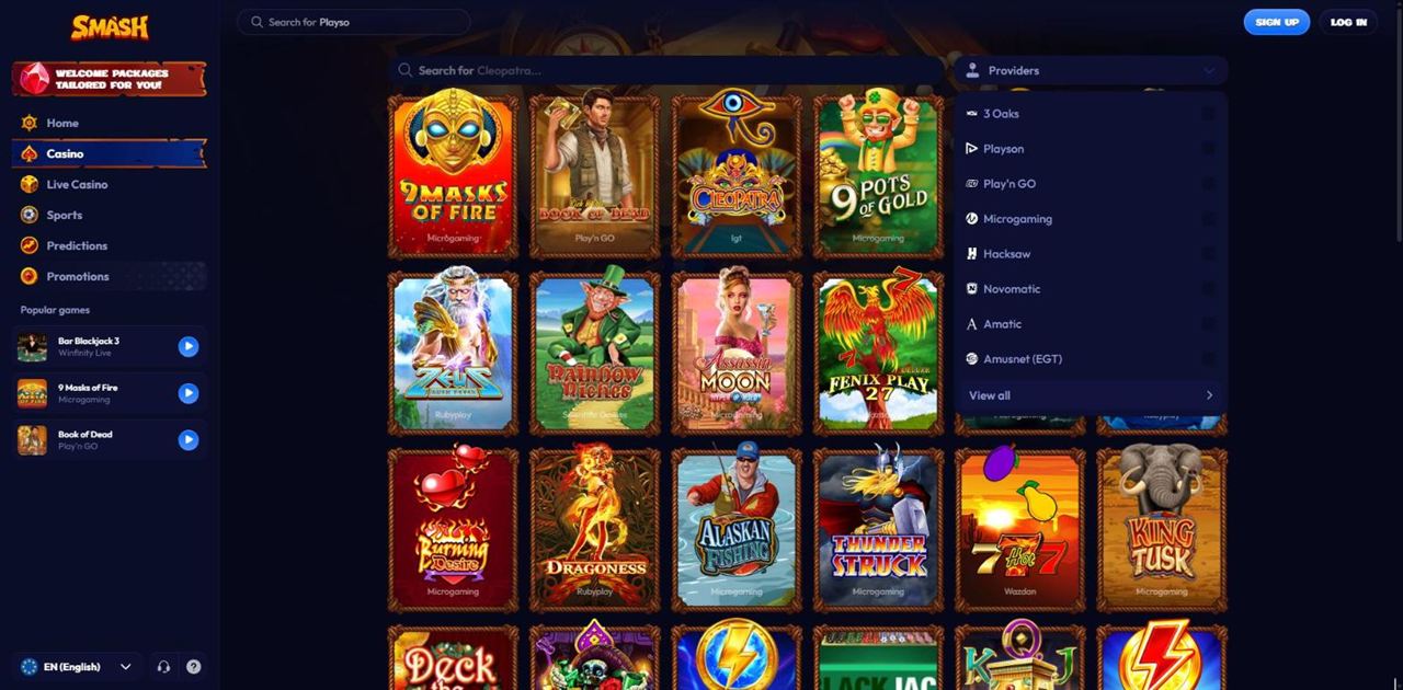 Smash casino lobby with the Providers filter open listing 3 Oaks, Playson, Play'n GO, Microgaming, Hacksaw, Novomatic, Amatic and Amusnet
