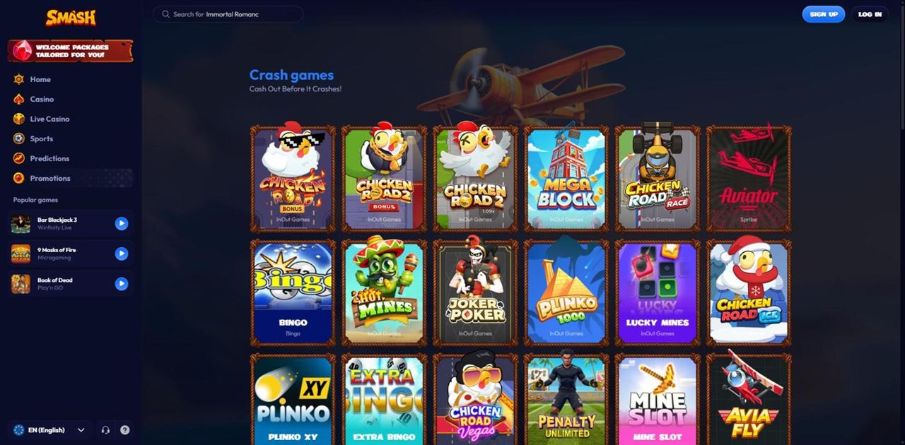 Smash Crash Games collection with Chicken Road, MegaBlock, Aviator, Hot Mines, Plinko 1000, Lucky Mines and Avia Fly