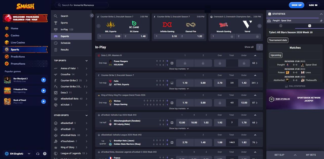 Smash Esports section with Counter-Strike 2, Dota 2, King of Glory, eFootball and eBasketball matches and odds