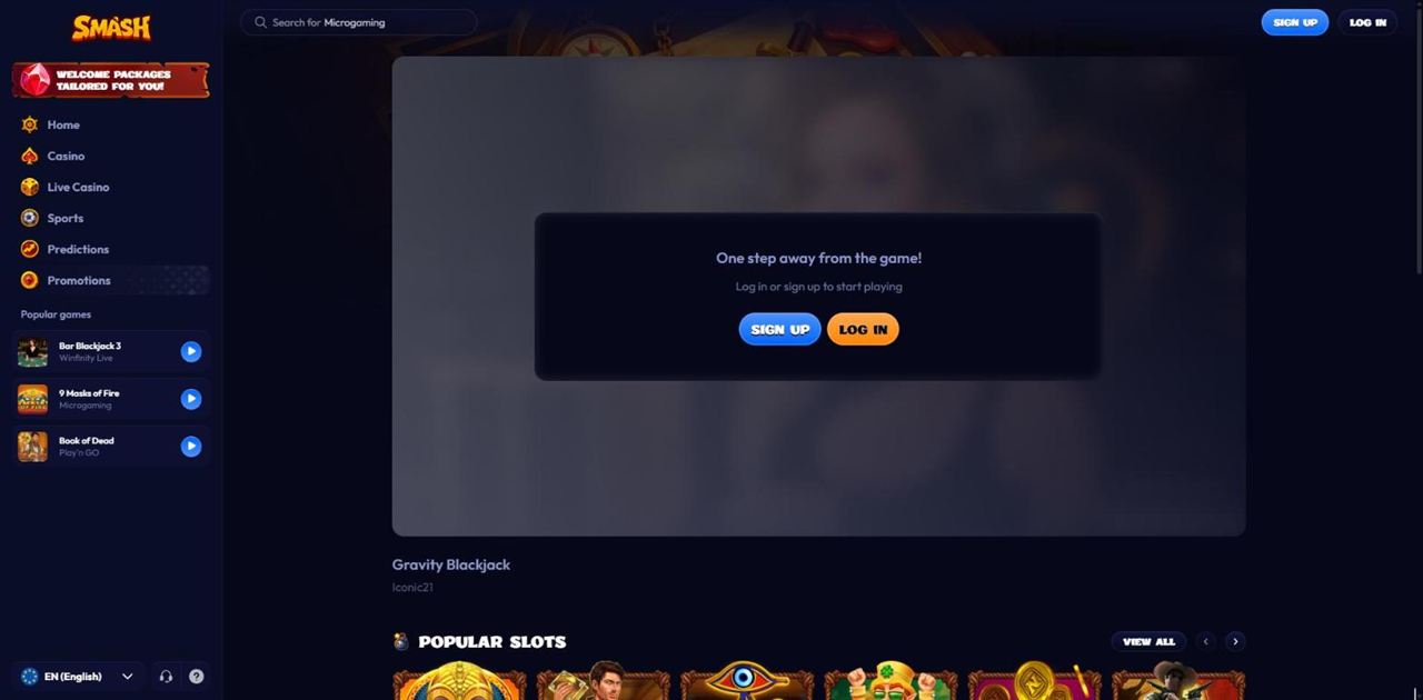 Smash game page for Gravity Blackjack showing One step away from the game! Log in or sign up to start playing