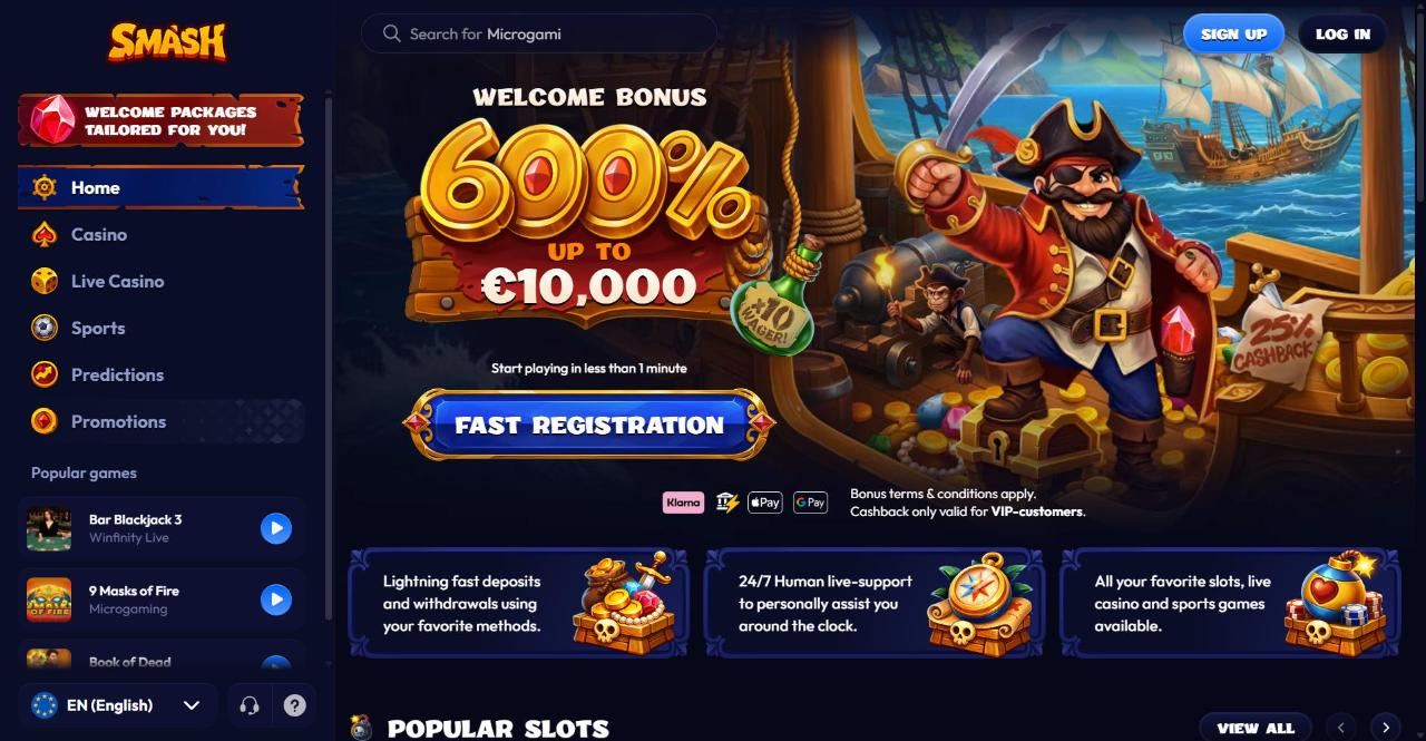 Smash Casino homepage with the 600% up to €10,000 welcome bonus, a pirate captain and the Fast Registration button