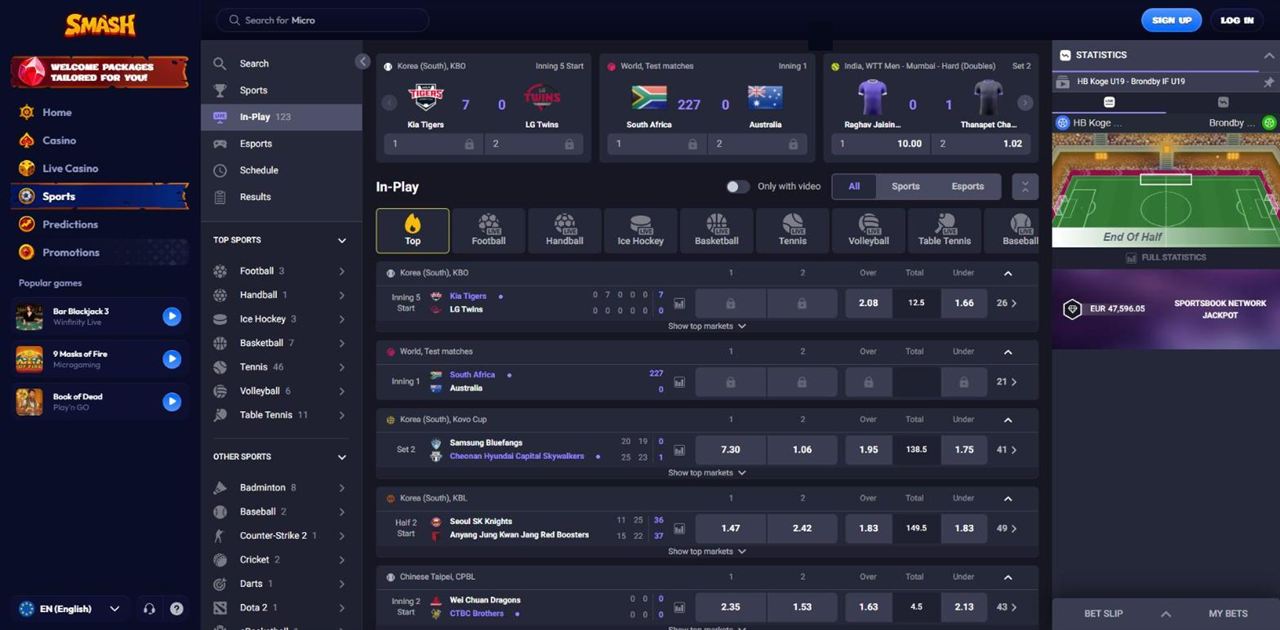 Smash In-Play page with Only with video toggle, All, Sports and Esports filters, live baseball, cricket, volleyball and basketball odds