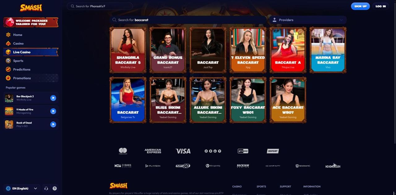 Smash live lobby search results for baccarat: Shangrila Baccarat 5, Grand Bonus Baccarat, 7 Eleven Speed Baccarat, Marina Bay Baccarat and Yeebet tables