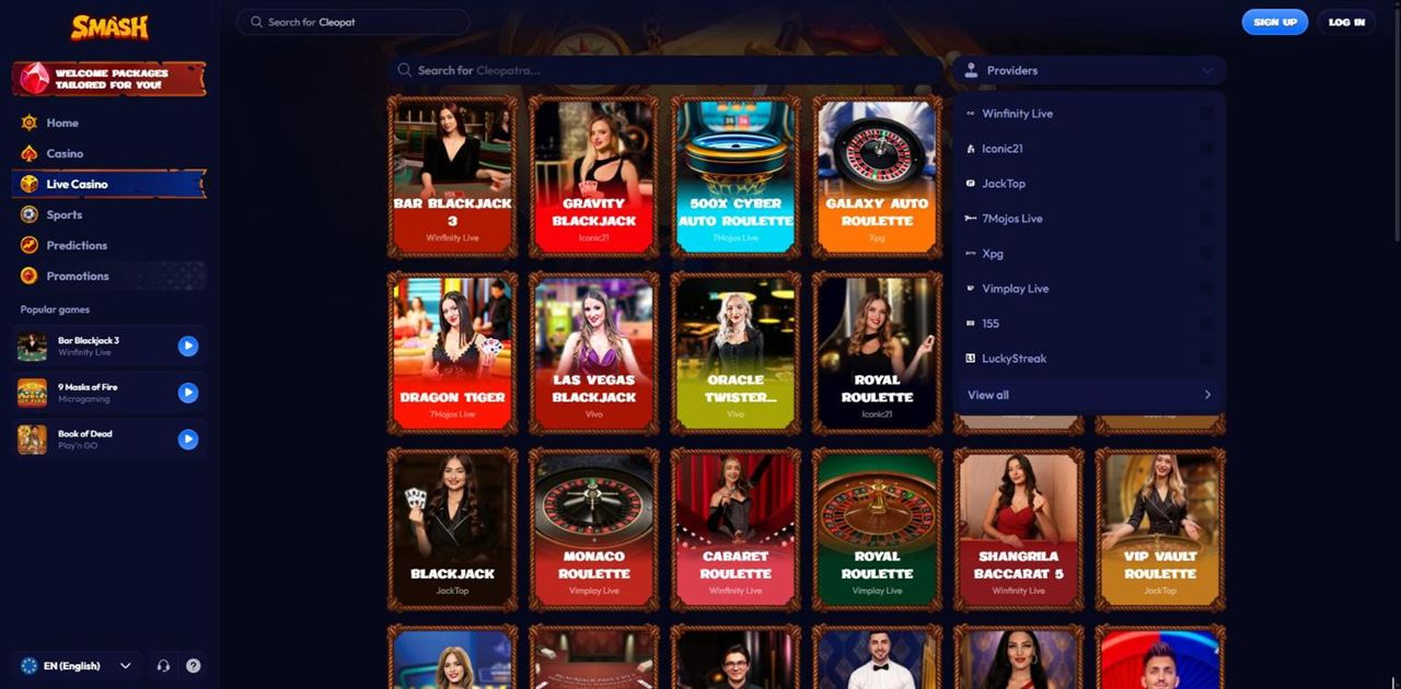 Smash live casino lobby with the Providers filter open showing Winfinity Live, Iconic21, JackTop, 7Mojos Live, XPG, Vimplay Live and LuckyStreak