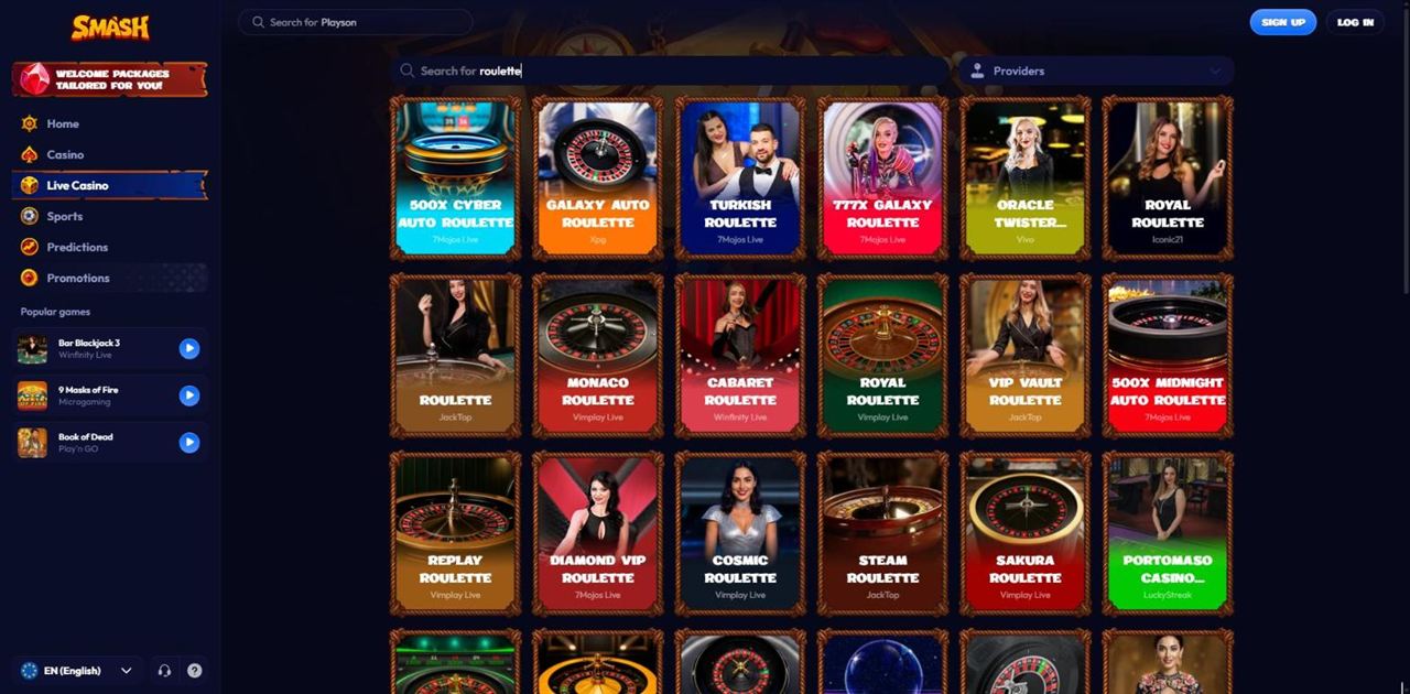 Smash live lobby search results for roulette: 500x Cyber Auto Roulette, Galaxy Auto Roulette, Turkish Roulette, 777x Galaxy Roulette, Monaco Roulette and more