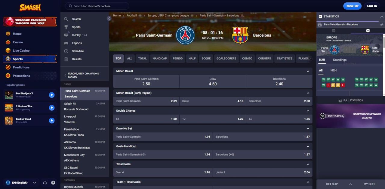Smash match page for Paris Saint-Germain vs Barcelona with market tabs and Match Result, Early Payout, Double Chance, Draw No Bet, Goals Handicap and Total Goals