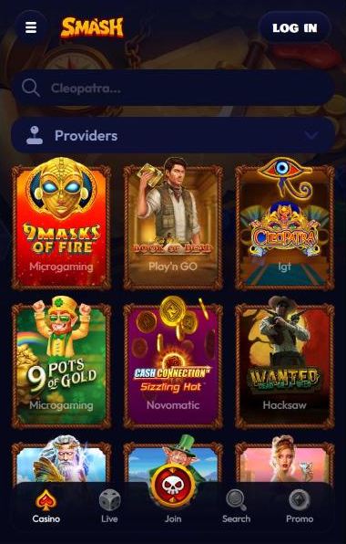 Smash Casino mobile slot lobby with search, Providers filter and a three-column game grid