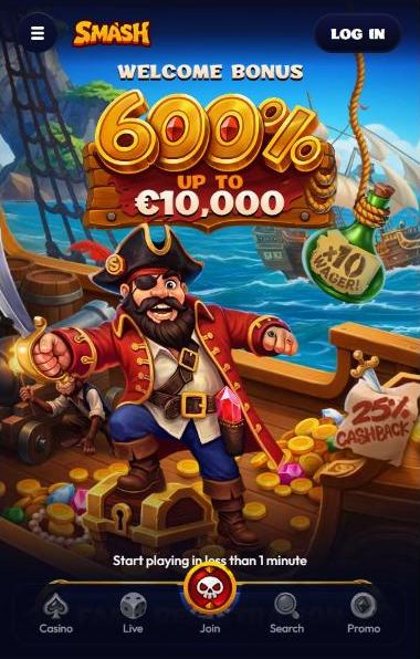 Smash Casino mobile site with the 600% up to €10,000 welcome bonus, Log In button and bottom bar with Casino, Live, Join, Search and Promo