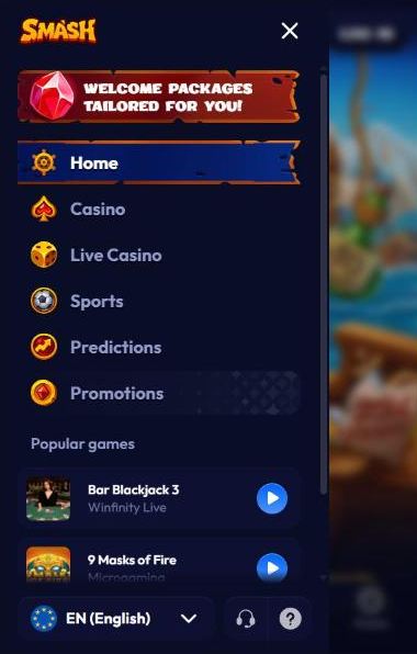 Smash Casino mobile menu with Home, Casino, Live Casino, Sports, Predictions, Promotions, popular games and language switch