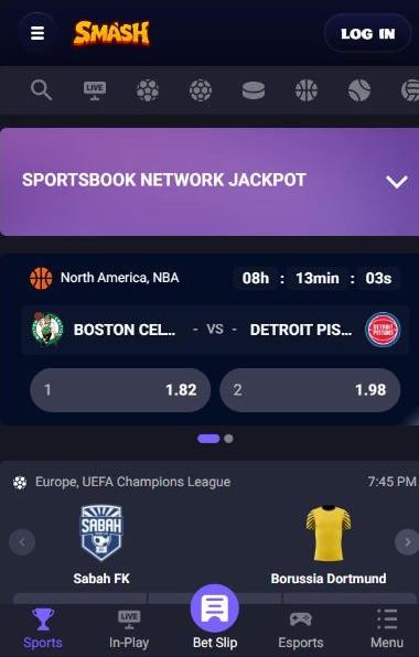 Smash mobile sportsbook with sport icons, Sportsbook Network Jackpot, NBA odds and bottom bar with Sports, In-Play, Bet Slip, Esports and Menu