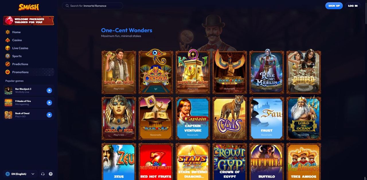 Smash One-Cent Wonders collection with Book of Dead, Cleopatra, Legacy of Dead, Book of Ra Magic, Rise of Merlin and other penny slots