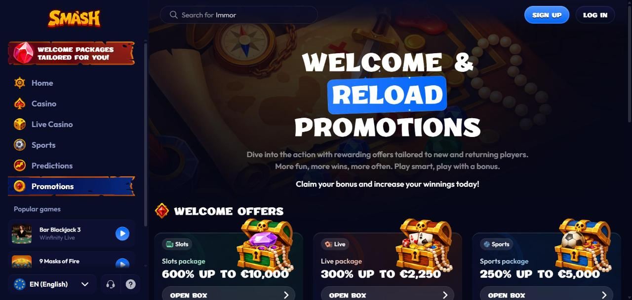 Smash Casino promotions page with Slots, Live and Sports welcome packages