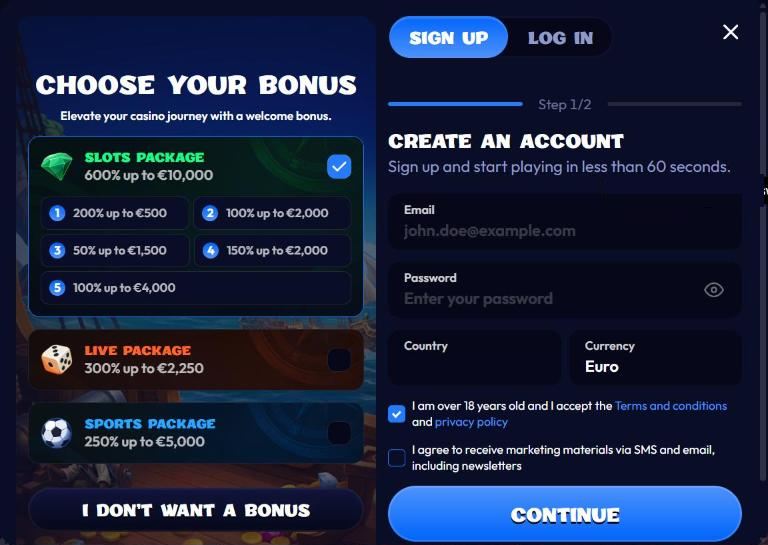 Smash Casino sign-up form step 1 of 2 with bonus choice, e-mail, password, country and currency fields