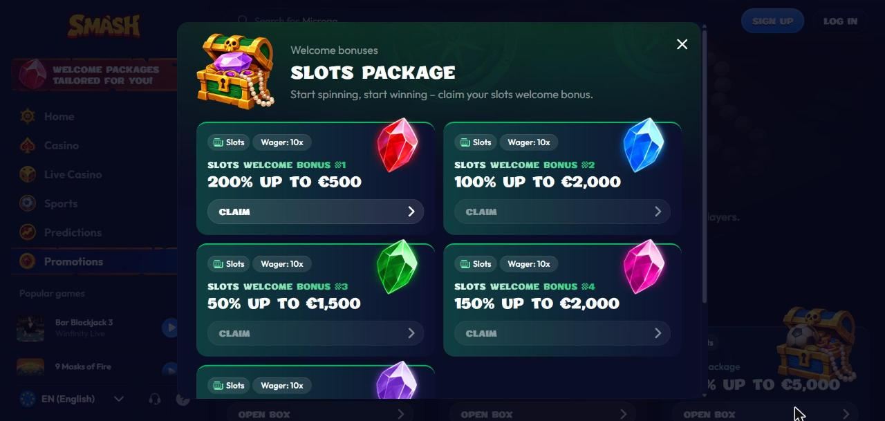 Smash Casino Slots Package box showing five welcome bonus stages with 10x wager