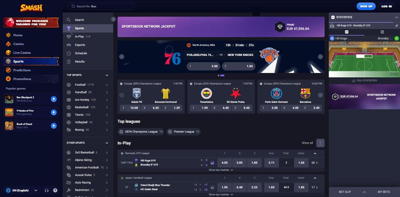 Smash sportsbook with sports menu and event counts, Sportsbook Network Jackpot, Champions League odds, In-Play list and statistics panel